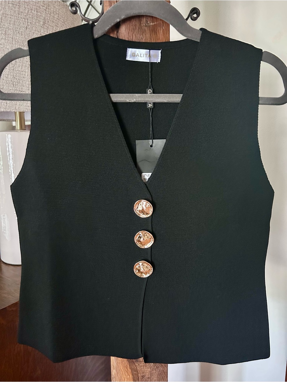 Galit NYC Black Sleeveless Knitted Button Vest with Beautiful, Gold-Tone Buttons